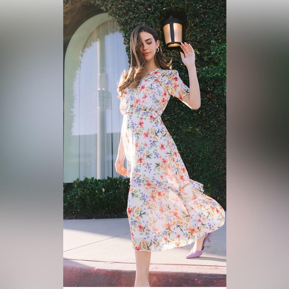 FLORAL PRINT DIALOG RUFFLES CHIFFON MIDI DRESS